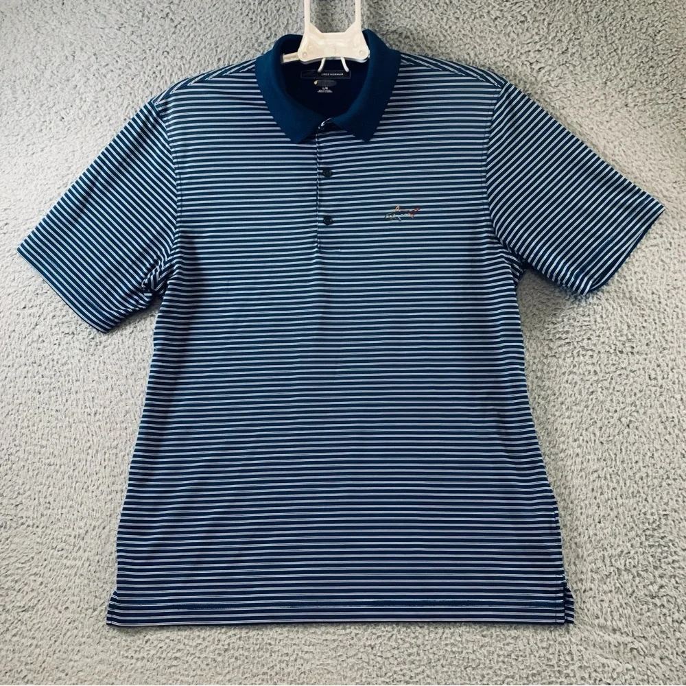 Greg Norman Golf Polo Shirt Men's Short Sleeve‎ Striped Navy White Size L